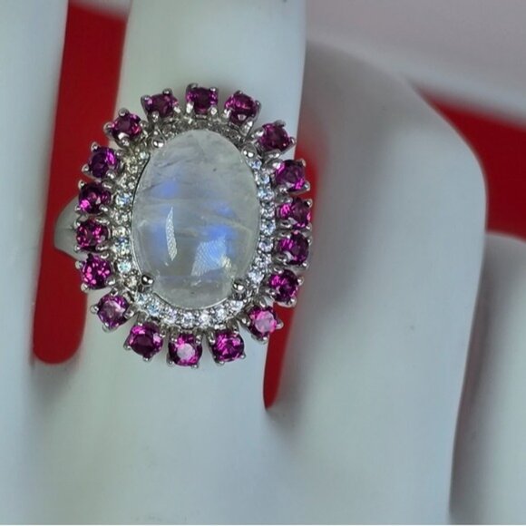 925 Sterling Silver Ring with Natural Moonstone & Rhodolite Garnet Gems - Picture 6 of 12